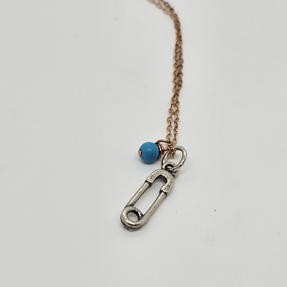 NWT Bluebird Sterling Safety Pin with Turqoise on Rose Gold Filled Chain.